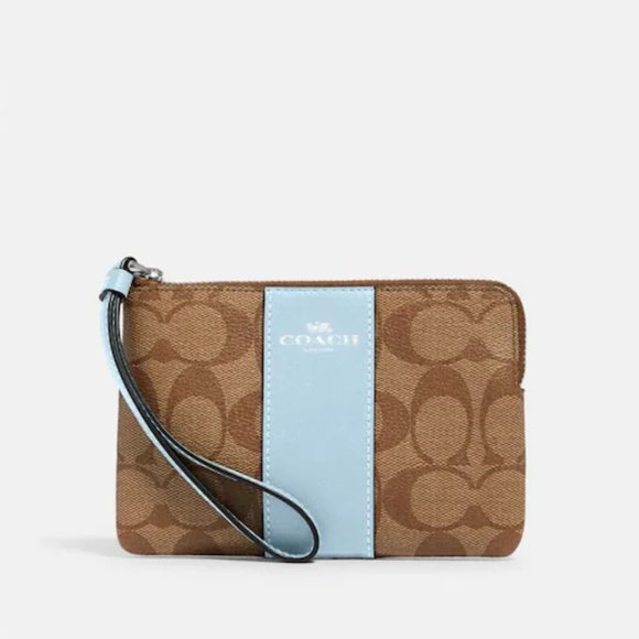 Coach Handbags - New Coach Signature Coated Khaki Canvas Leather & Waterfall Wristlet 6 1/4" x 4"